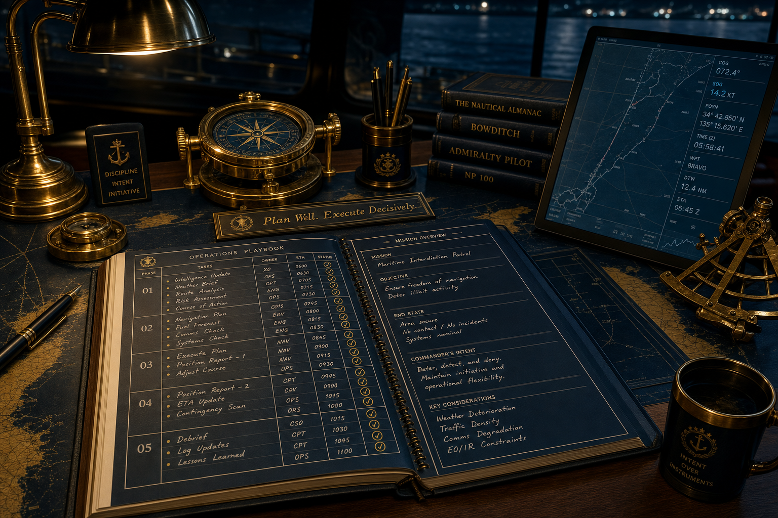 agentic-development-playbook: A navigator's chart table glowing with golden light — a structured operations playbook open beside precision instruments, all order and intent amid the vast uncertainty of AI-assisted software development.